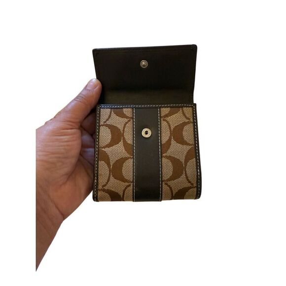 Coach Womens Brown Signature C Logo Leather Canvas Card Snap Bifold Wallet Small - Picture 3 of 10